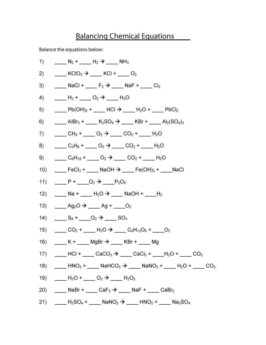 Worksheet Balancing Equations Chemistry