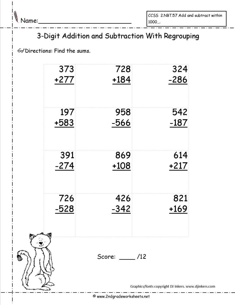 2Nd Grade Math Worksheets 3 Digit Subtraction With Regrouping