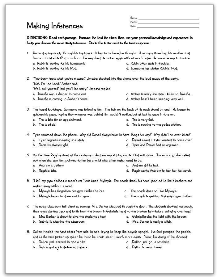 Multiple Choice Inference Worksheets 4th Grade