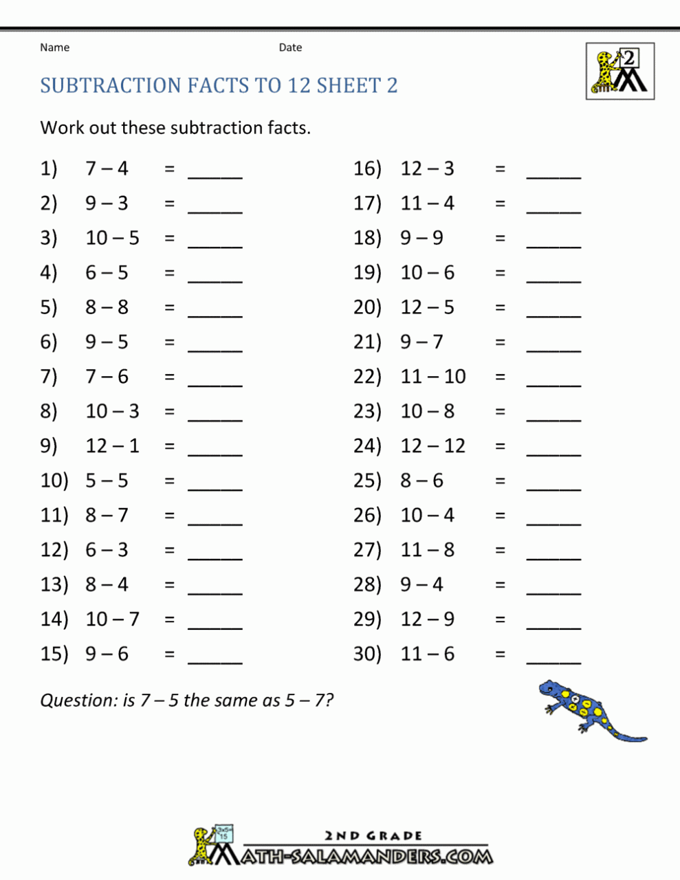 Free Subtraction Worksheets to 12