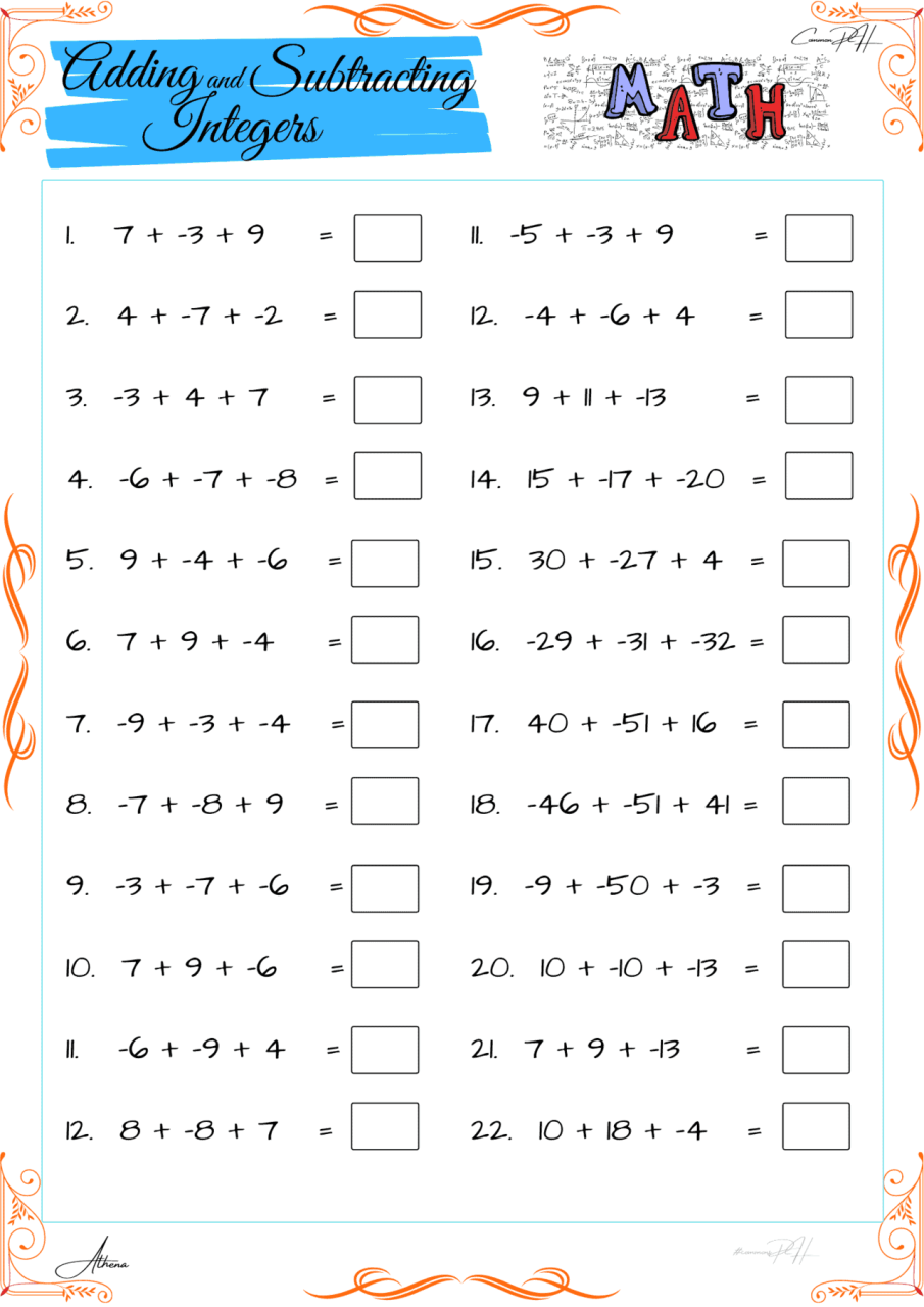 Grade 6 Math Activity Addition And Subtraction Integers