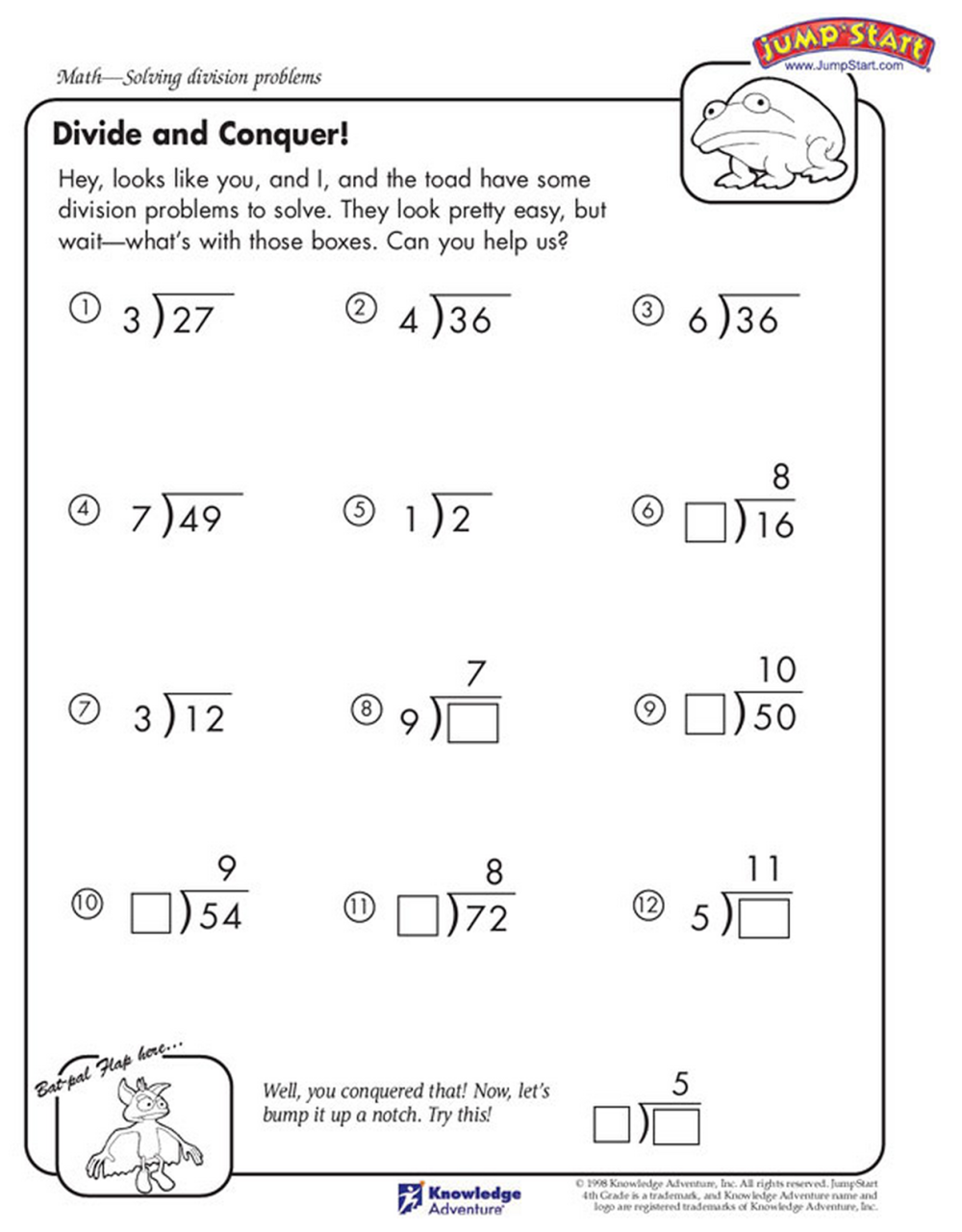 Help mister toad solve these division problems! 4th grade math