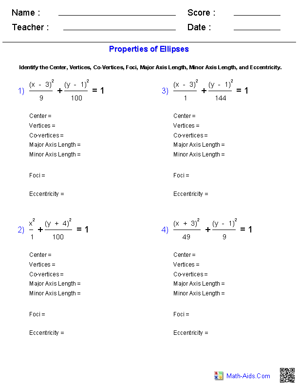 Algebra 2 Worksheets Conic Sections Worksheets Algebra equations