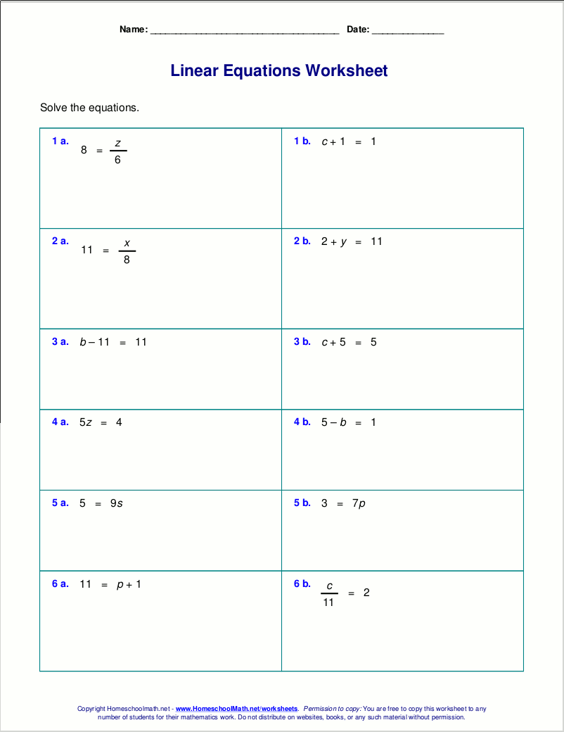 Free worksheets for linear equations (grades 69, prealgebra, algebra