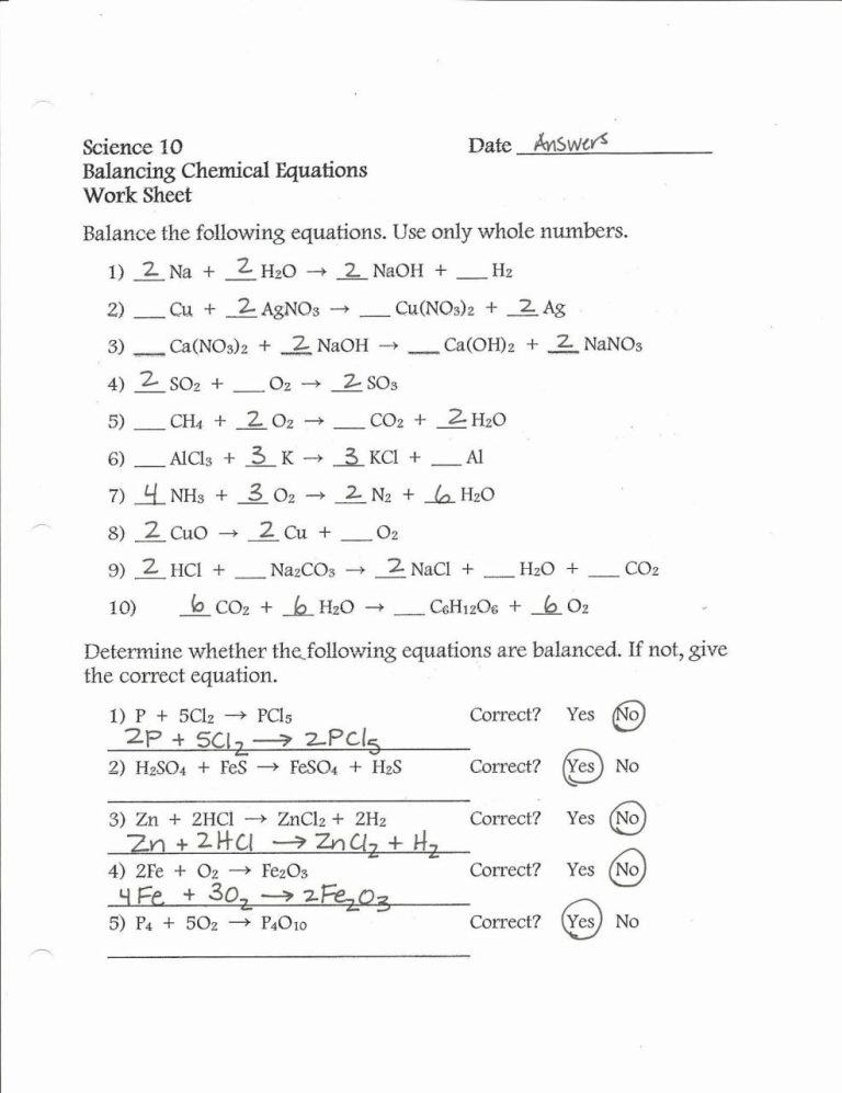 Balance Chemical Equations Worksheet Answers