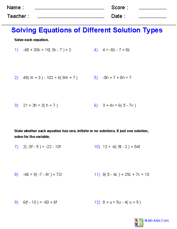 Solving Equations Worksheet Pdf Grade 6