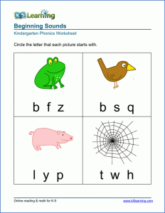 Beginning Sounds Kindergarten phonics worksheets, Phonics