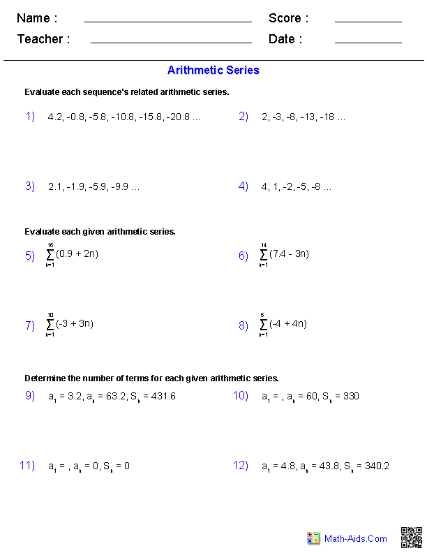 Worksheet Answer Key Grade 10 Arithmetic Sequence Worksheet