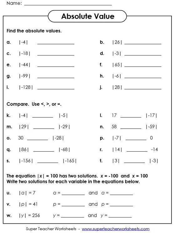 Absolute Value Worksheets Absolute value equations, Absolute value