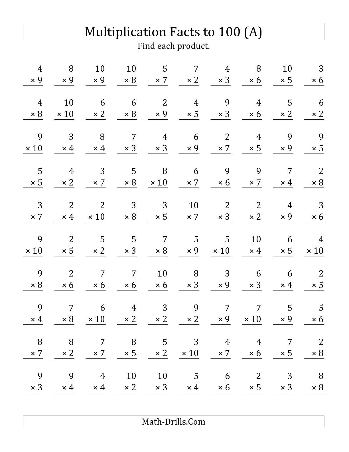 4th Grade Free Printable Multiplication Facts Worksheets