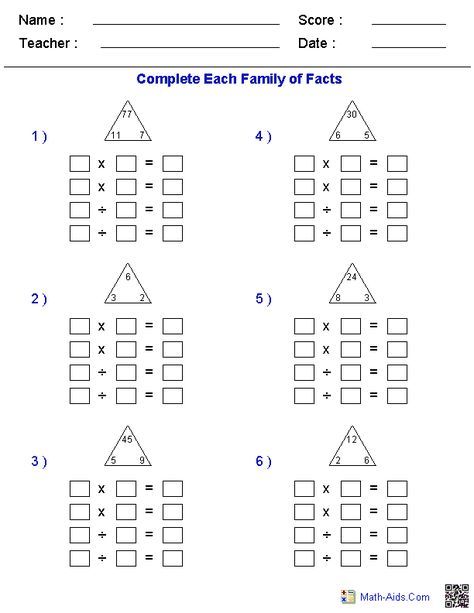 Multiplication And Division Fact Families Worksheets 3rd Grade