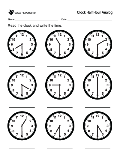 Half Hour Clock Worksheets For Kindergarten