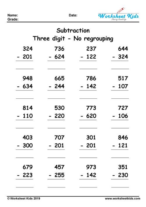 3 Digit Subtraction Without Regrouping Worksheets in 2020 Subtraction