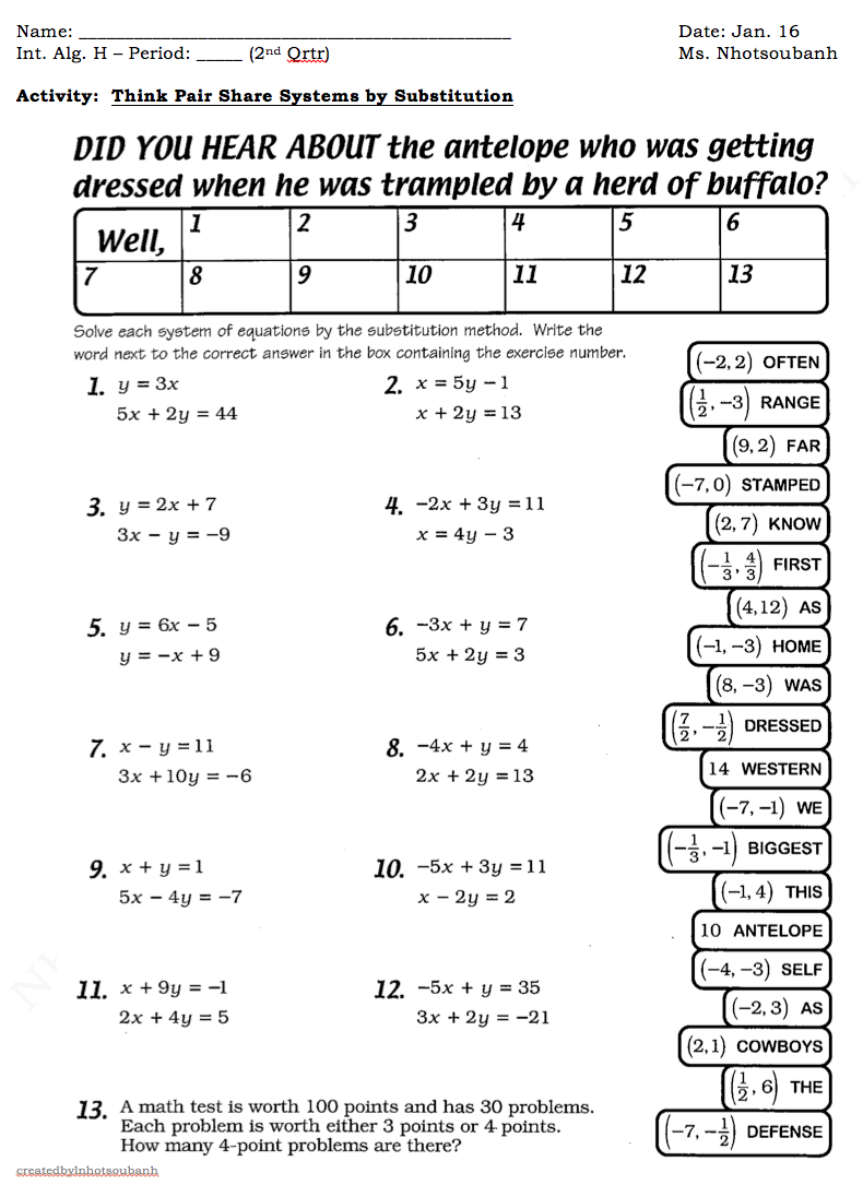 Math Worksheets Systems Of Equations Word Problems