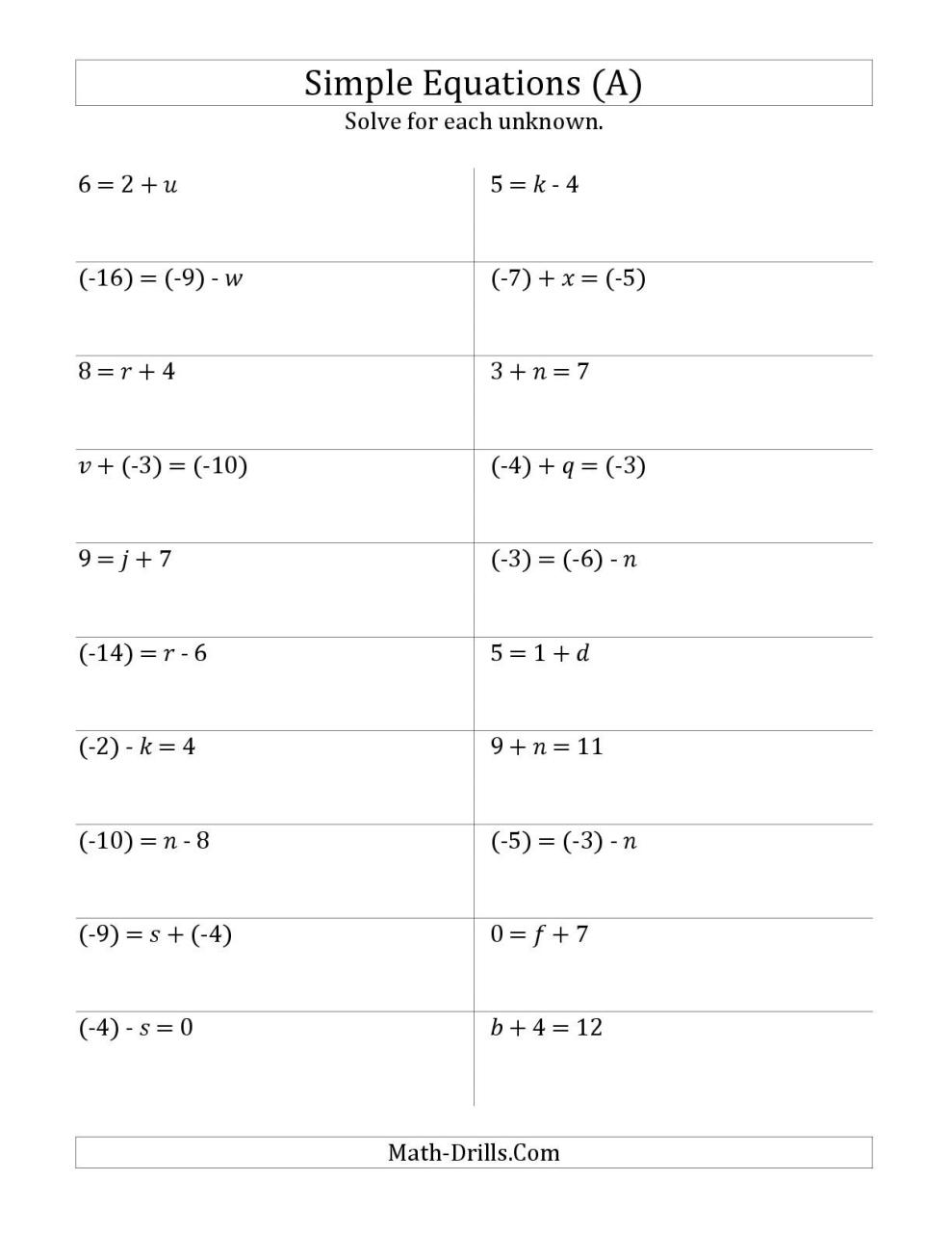 Solve One Step Equations with Smaller Values (A) Math Worksheet 