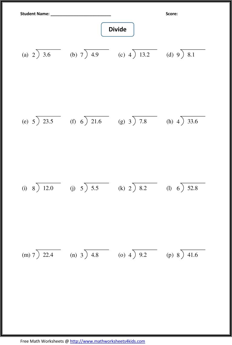 Decimal Division Questions For Class 4