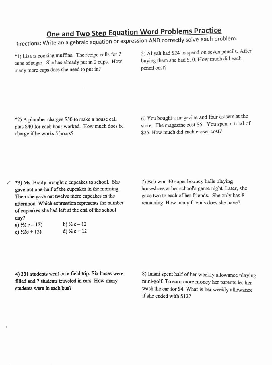 Math Worksheets For 6Th Grade Word Problems