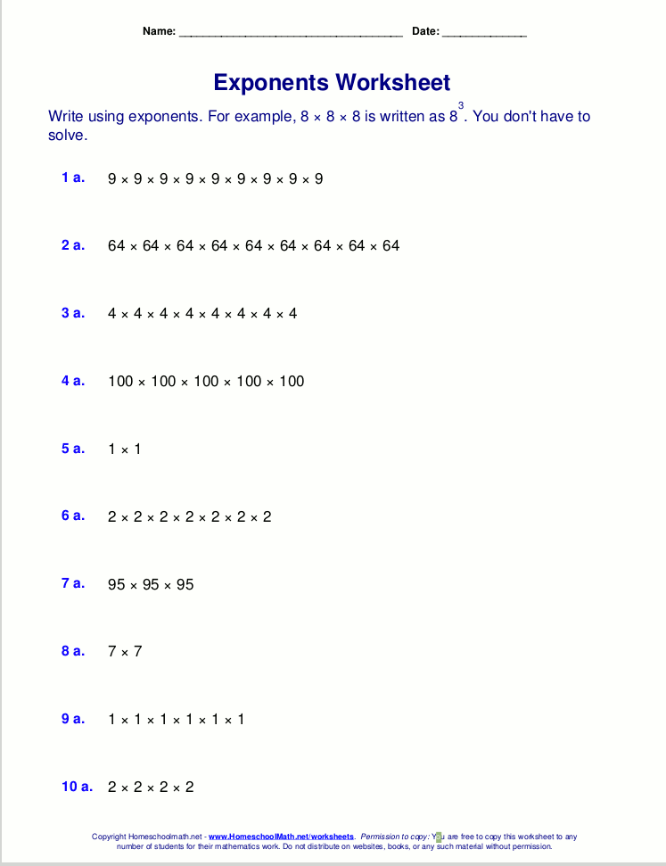 6th Grade Printable Exponents Worksheets