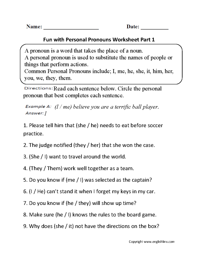 7th Grade Personal Pronouns Worksheet
