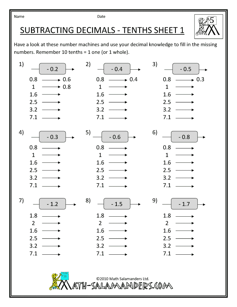 Math Worksheets Decimals Subtraction Free math worksheets, 5th grade