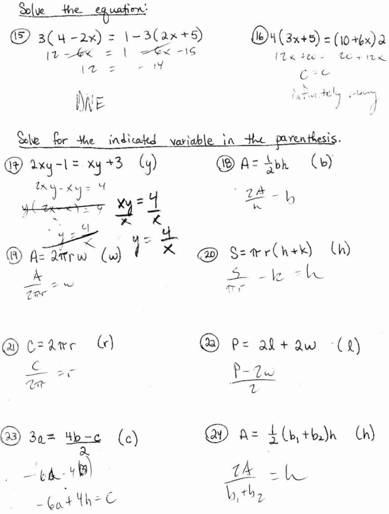 Literal Equation Worksheet #2