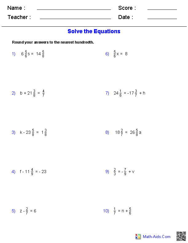 Pre Algebra Solving Equations Worksheets