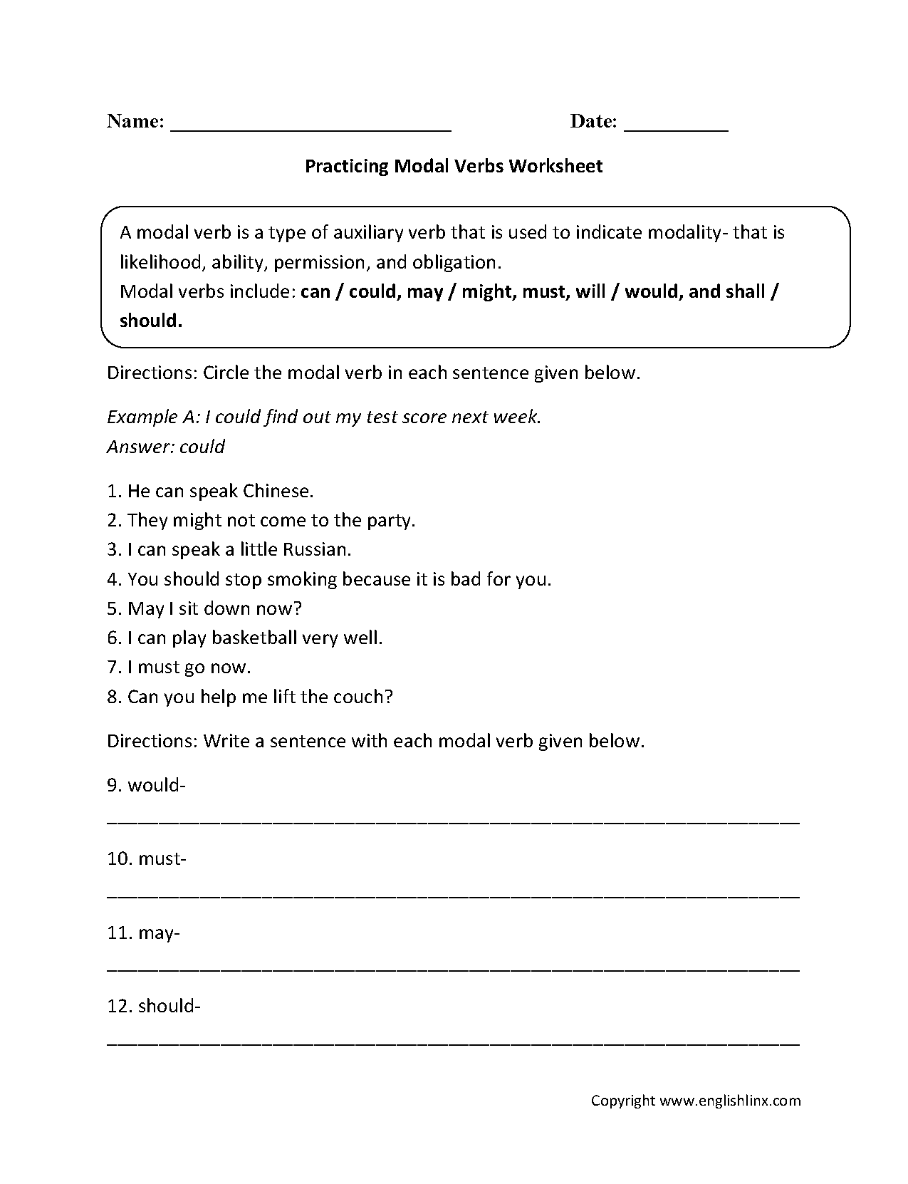 Modal Verbs Worksheets For Grade 5