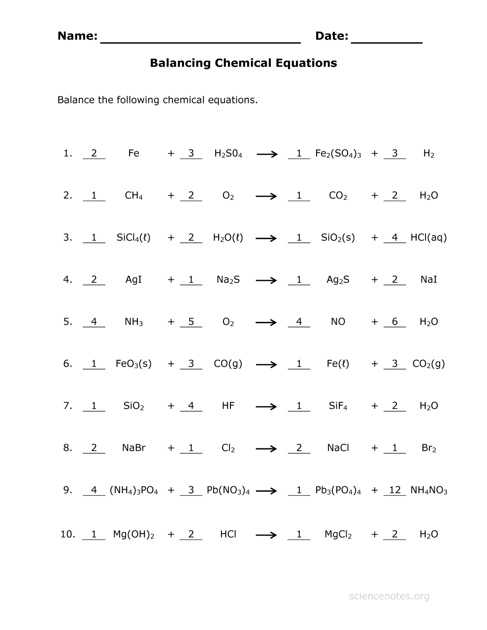 Chemistry Balancing Equations Worksheet Answer Key Pdf