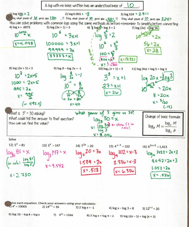Solving Simple Log Equations Worksheet
