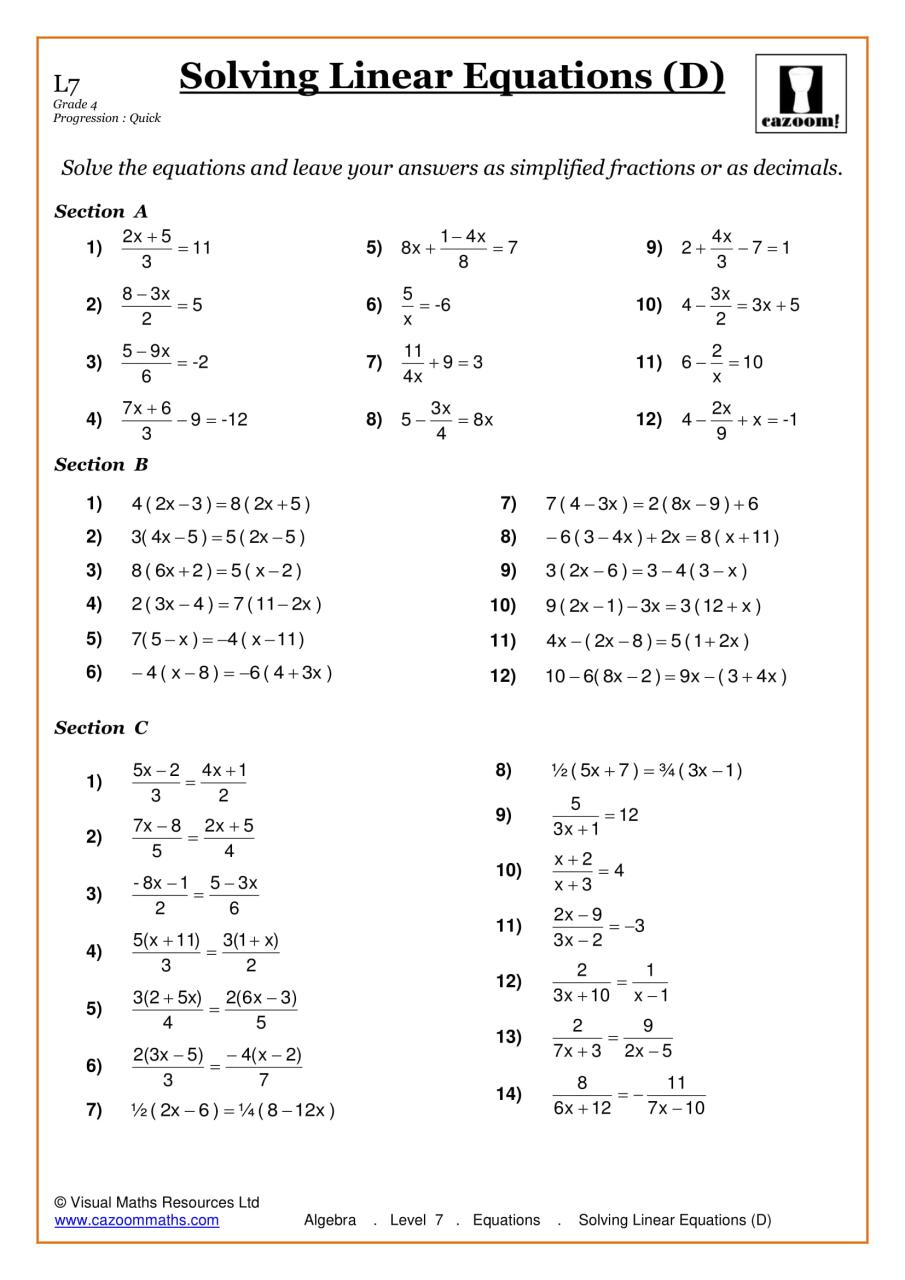 Solving Equations Worksheet Grade 9