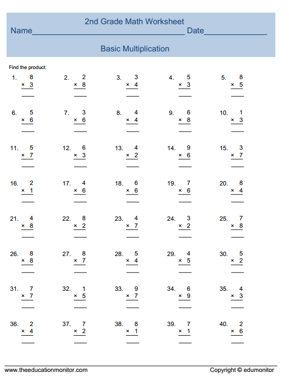 2nd Grade Math worksheet, practice basic multiplication, more