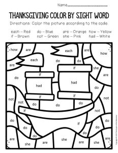 Color by Sight Word Thanksgiving Kindergarten Worksheets Mayflower