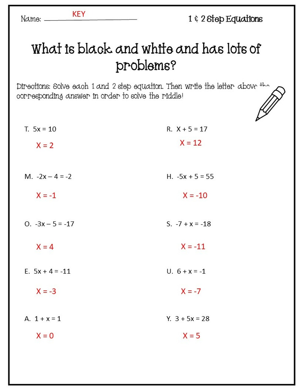 Solving One & Two Step Equations Riddle Activity Amped Up Learning