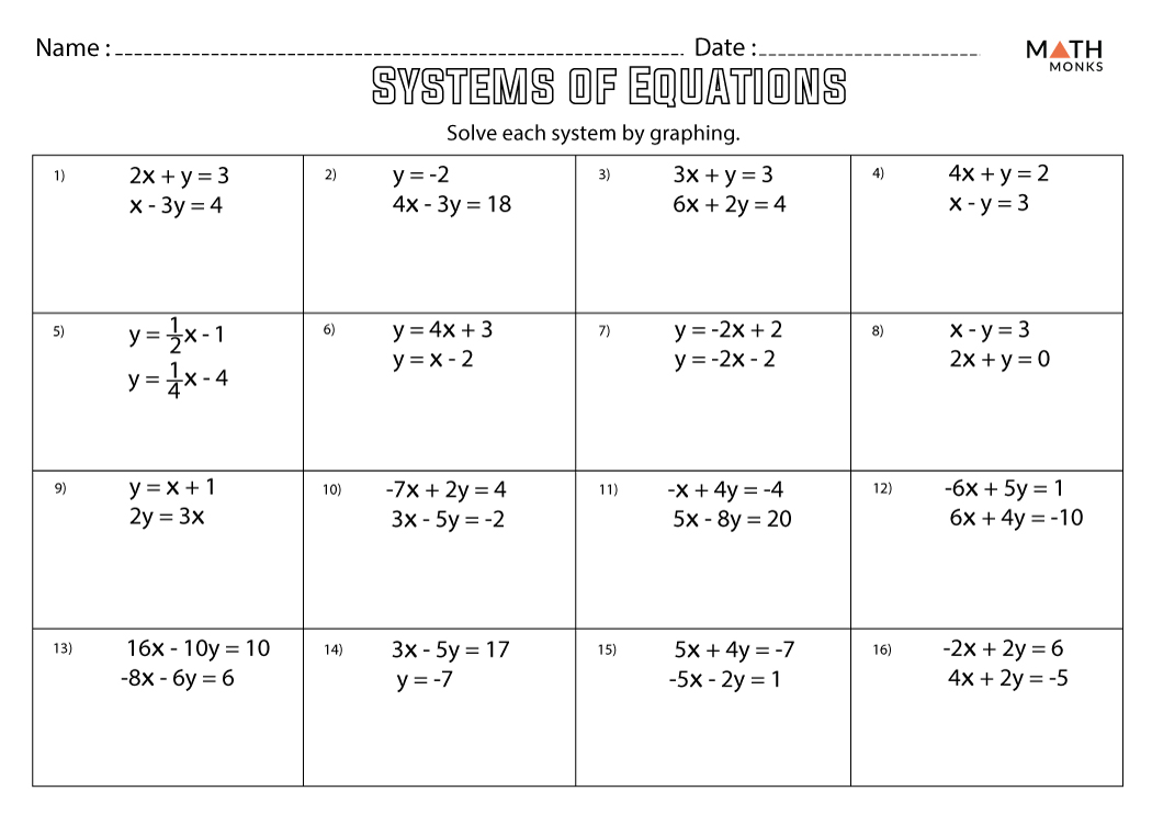 Solving Systems of Equations by Substitution Worksheets Math Monks