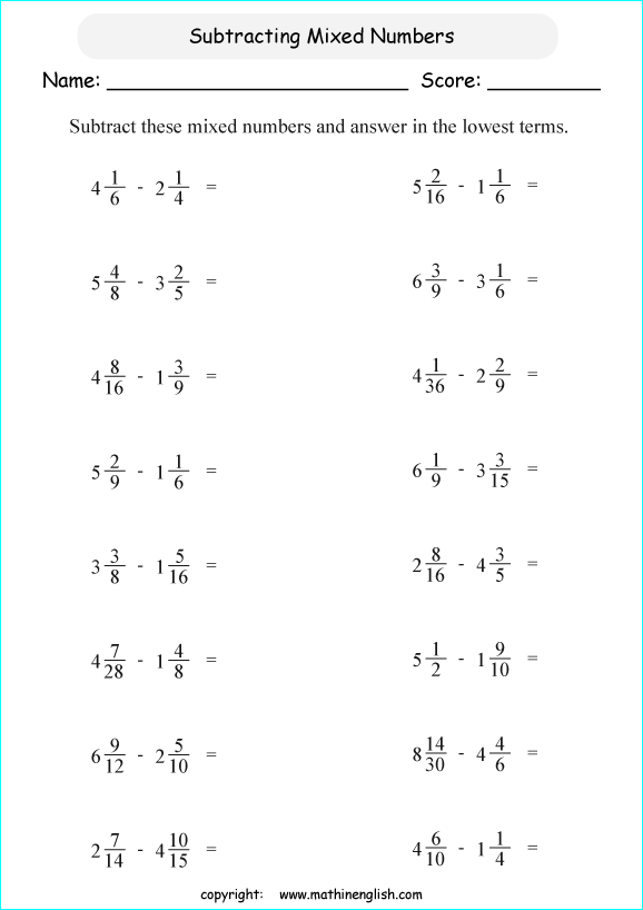 Subtraction or mixed numbers worksheet for grade 6 math students. Make