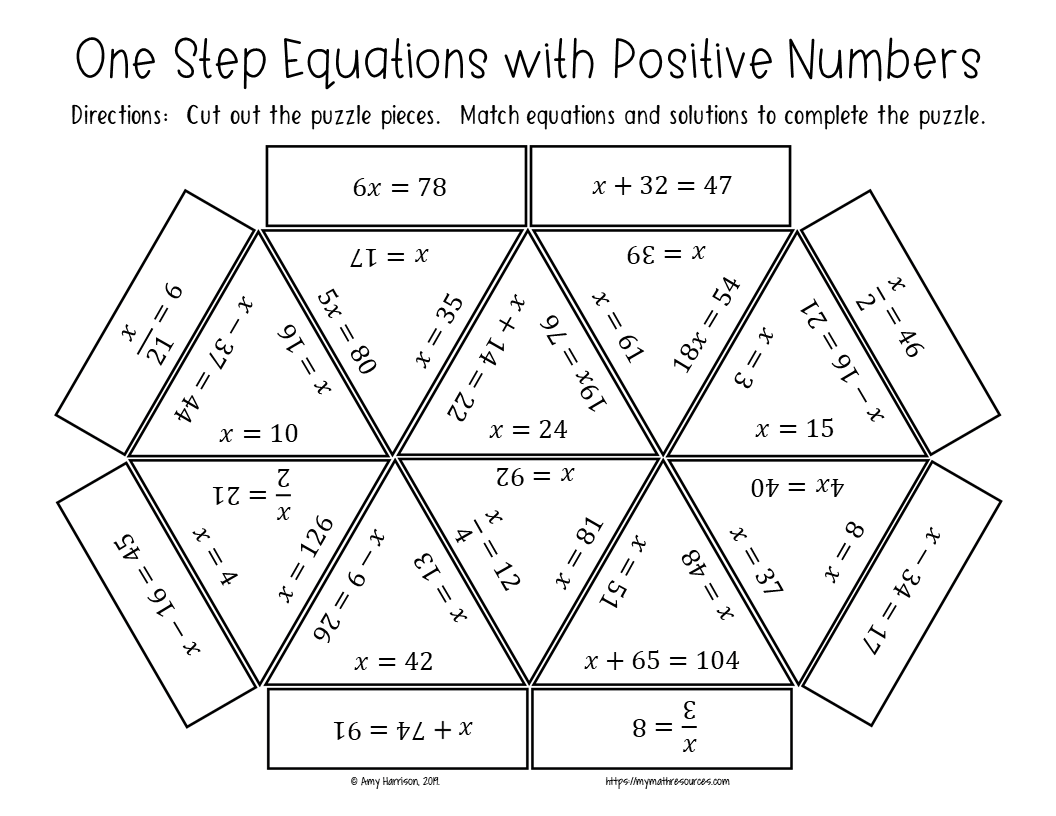 My Math Resources One Step Equations with Positive Numbers Triangle