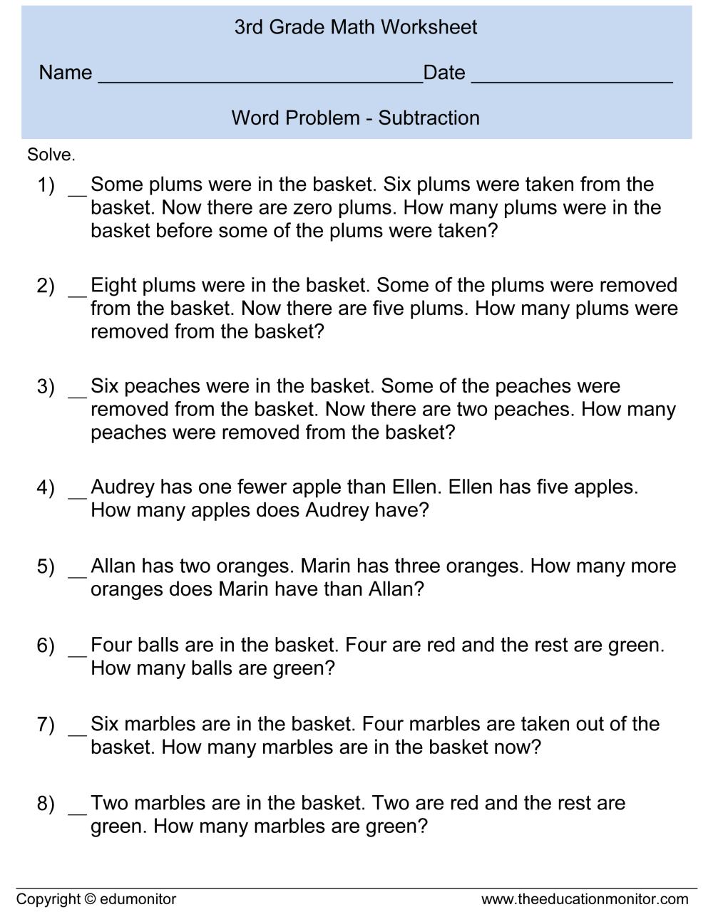 Math Worksheets For Grade 1 Subtraction Word Problems