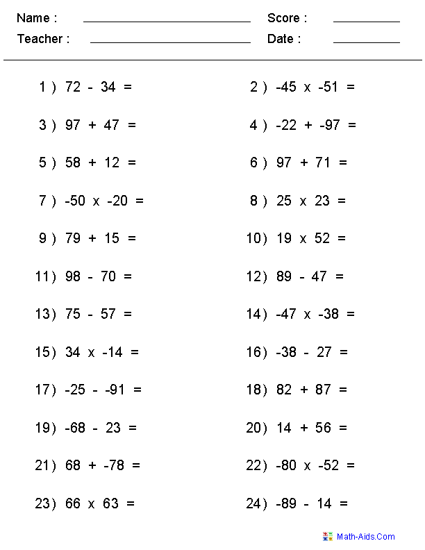 Multiplying Integers Grade 7 multiplying and dividing integers