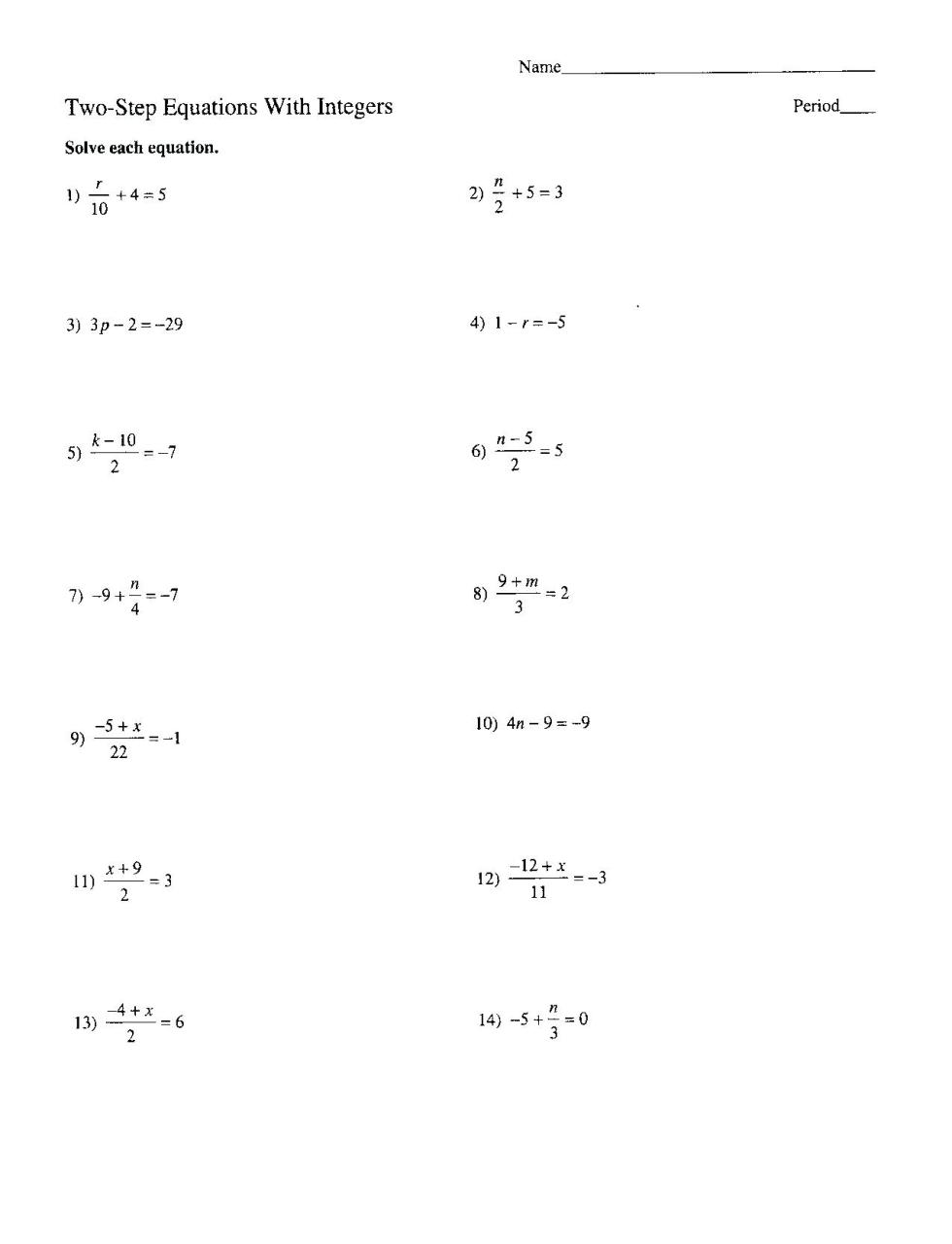 Two Step Equation Worksheet Word Problems