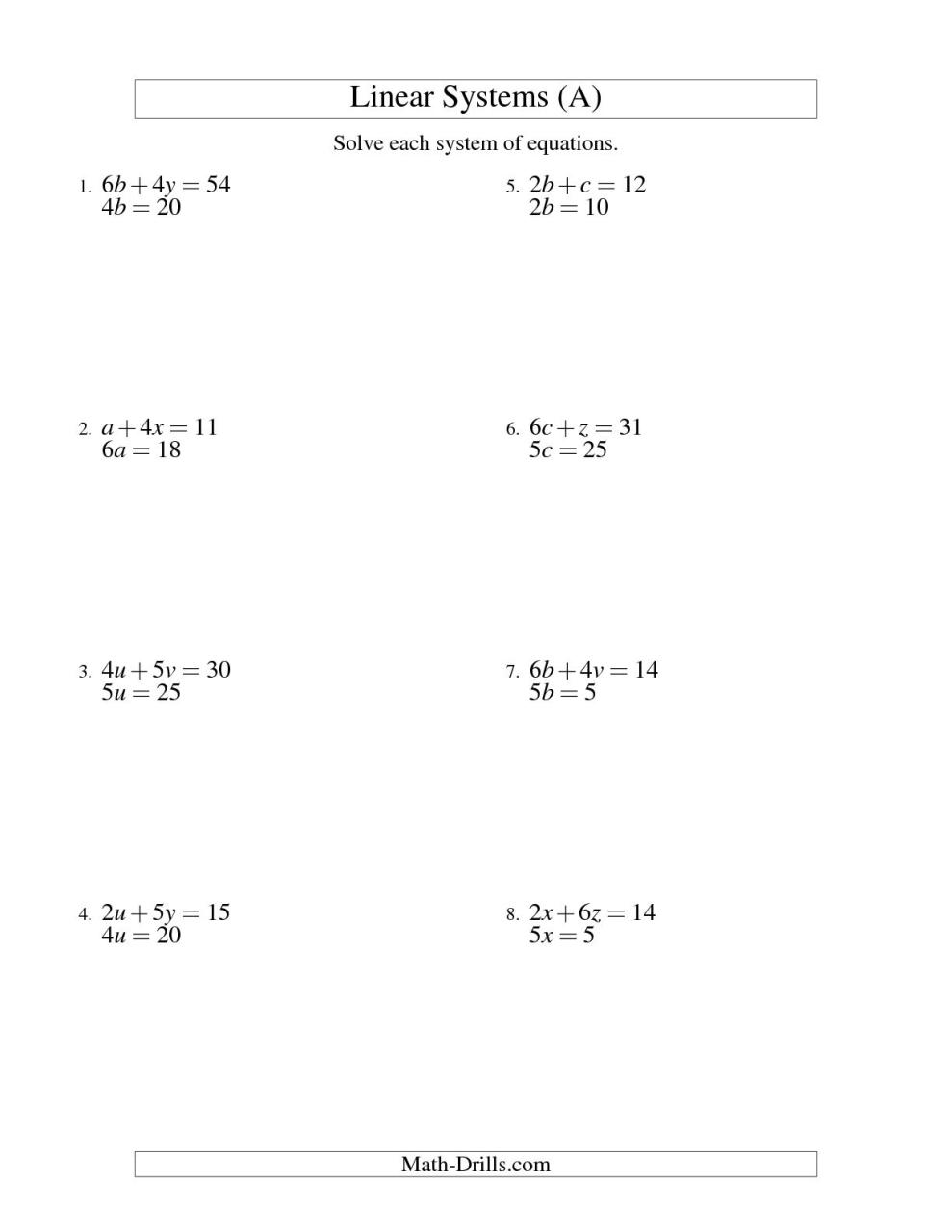 Free Worksheets For Linear Equations (Grades 69, PreAlgebra