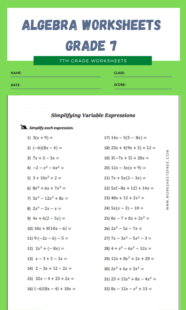 Algebra Worksheets Grade 7 With Answers grade 7 Worksheets Free