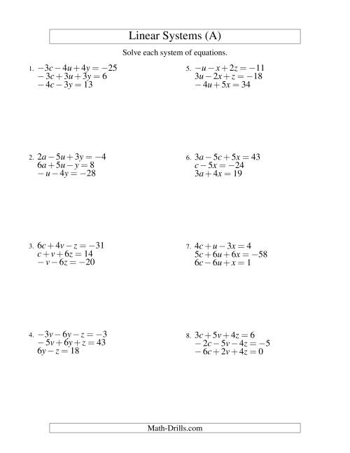 Systems of Linear Equations Three Variables Including Negative