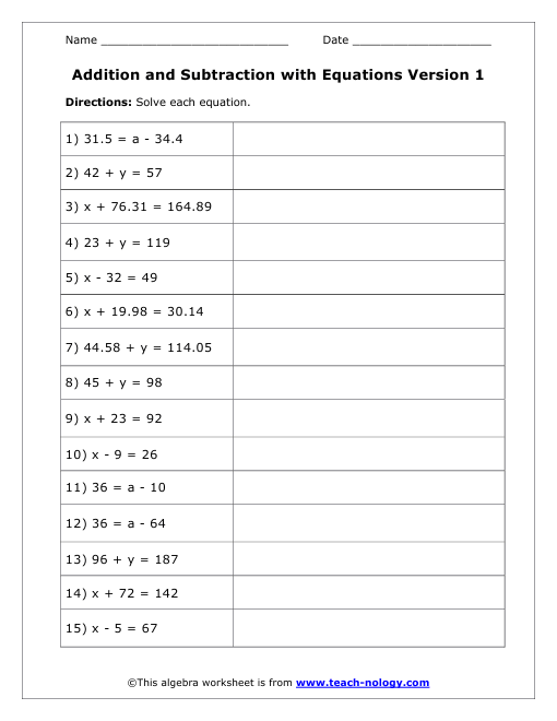 One-Step Equations Worksheet Addition And Subtraction