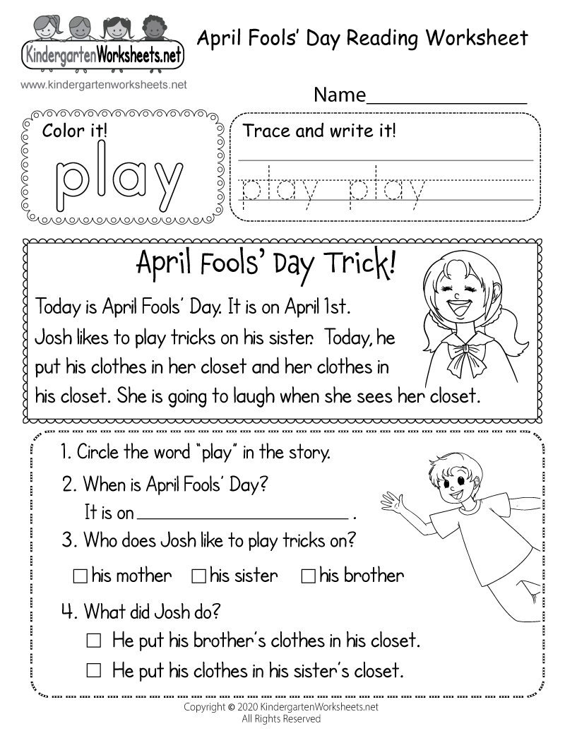 Free Printable April Fools' Reading Worksheet for Kindergarten