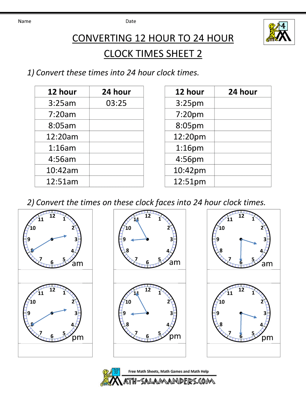 24 Hour Clock Worksheets For Grade 4