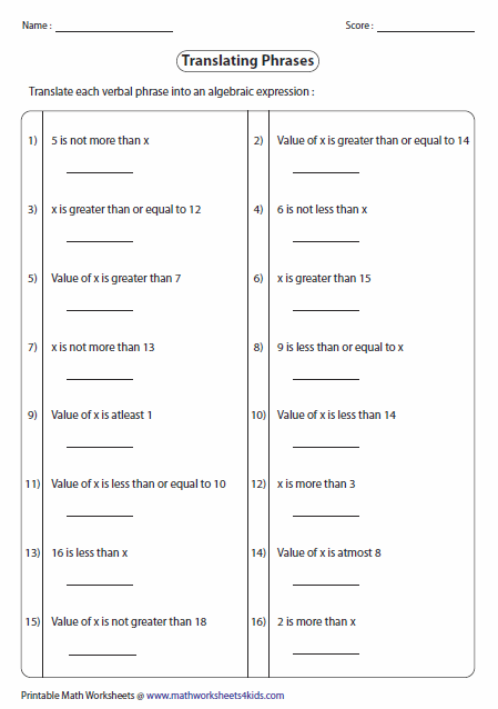 Translating Inequalities Worksheet With Answers