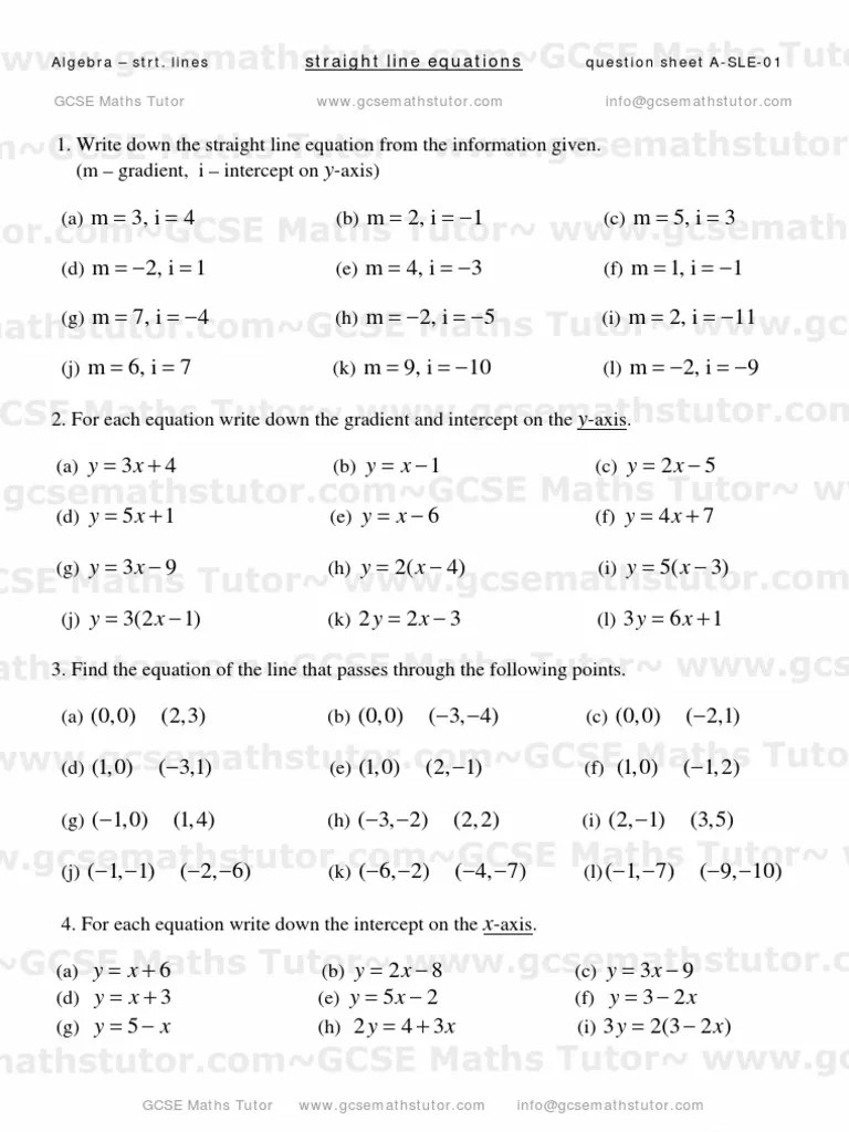 Straight Line Equations Worksheet 01, Algebra Revision From GCSE Maths