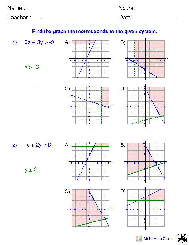 Systems of Inequalities Multiple Choice Problems Graphing linear