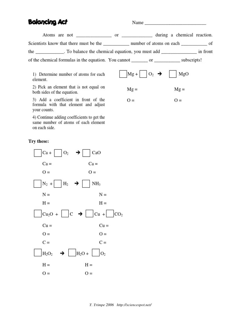 Simple Balance Equation Practice Worksheet PDF Chemical Substances