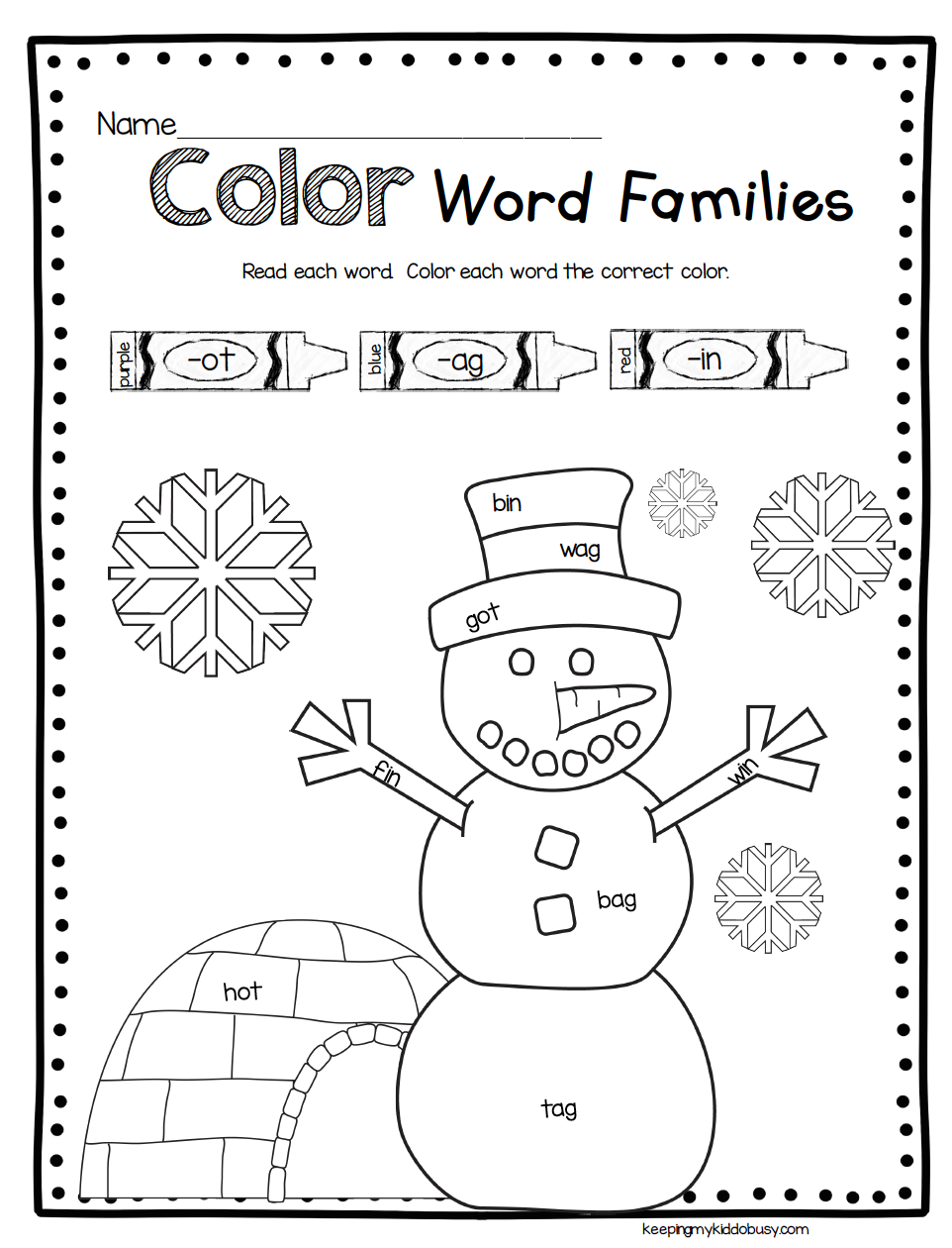 Free color the snowman by word families page! Click preview and print
